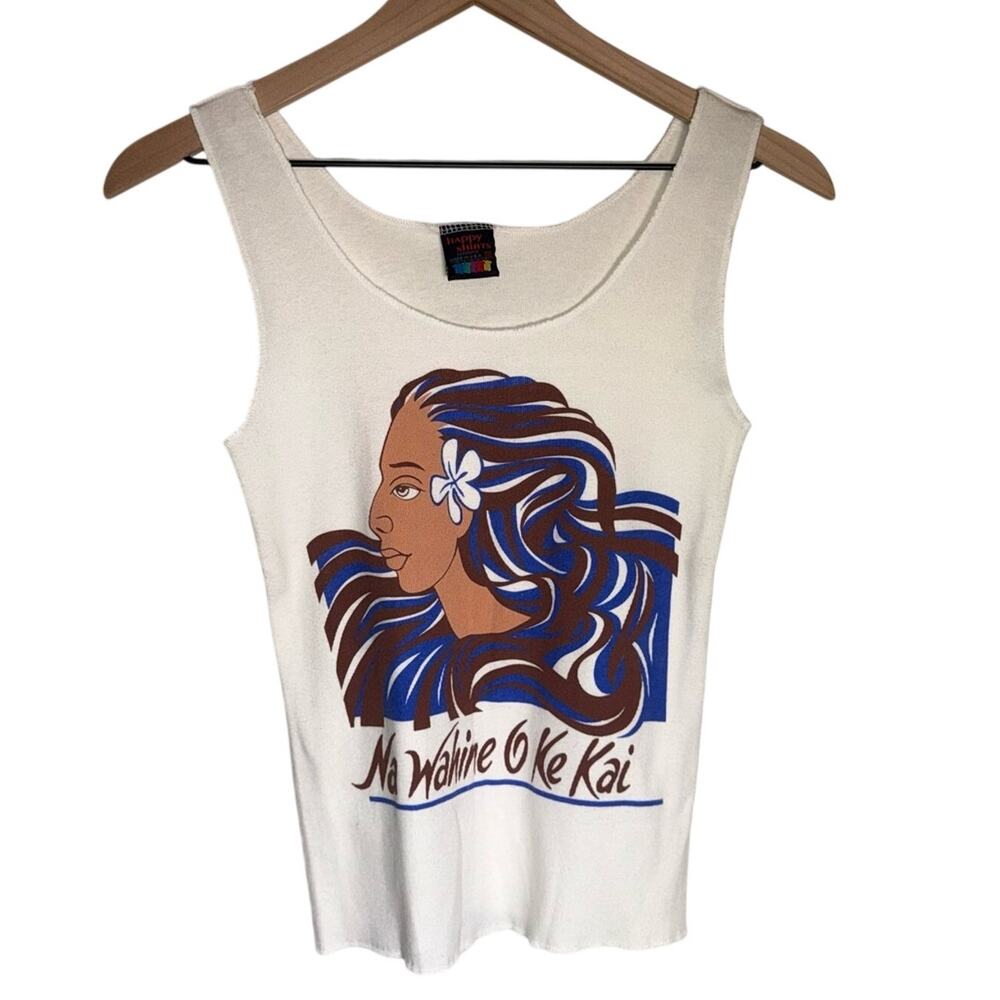 VINTAGE Y2K HAPPY SHIRTS Hawaiian White Surfer girl cotton Tank top XL